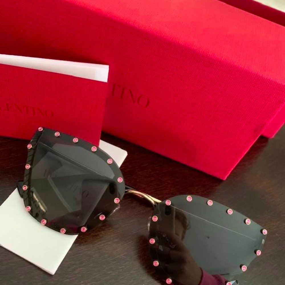 VALENTINO CRYSTAL STUDDED CAT-EYE METAL SUNGLASSES
